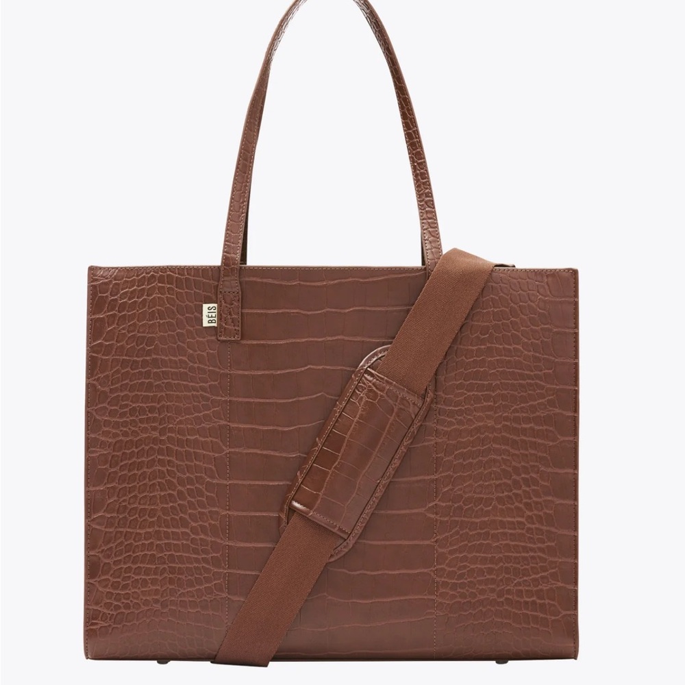 BEIS Chocolate Croc-Embossed Shoulder Bag